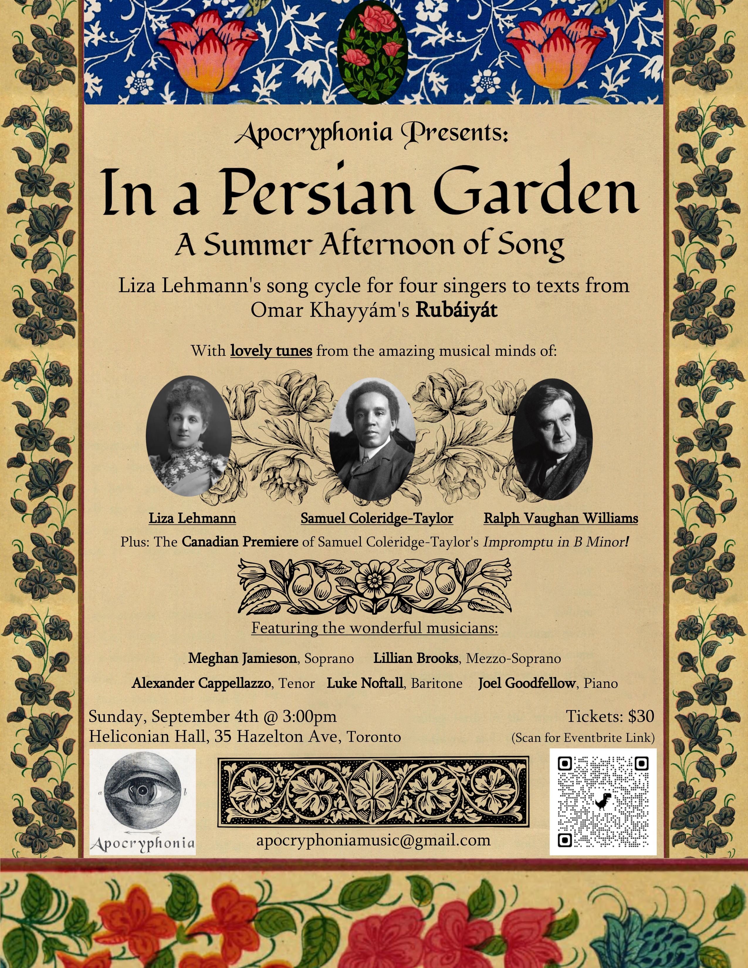 The poster of Apocryphonia's first concert, 'In A Persian Garden: A Summer Afternoon of Song'